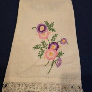 Tea Towel Linen Handcrafted Pink Purple Floral Spray Embroidered Lace 1970s